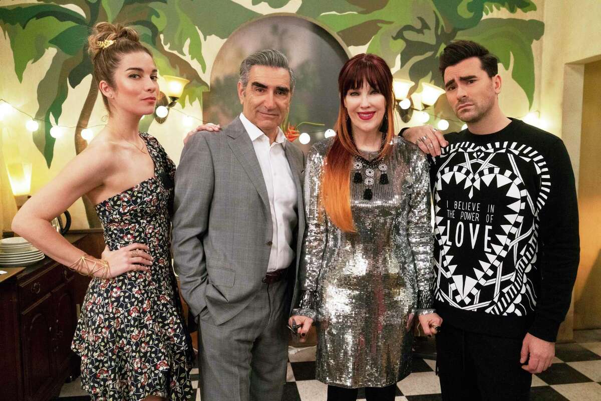This image released by Pop TV shows, from left, Annie Murphy, Eugene Levy, Catherine O'Hara and Dan Levy from the series "Schitt's Creek." The program is nominated for an Emmy Award for outstanding comedy series. (Pop TV via AP)