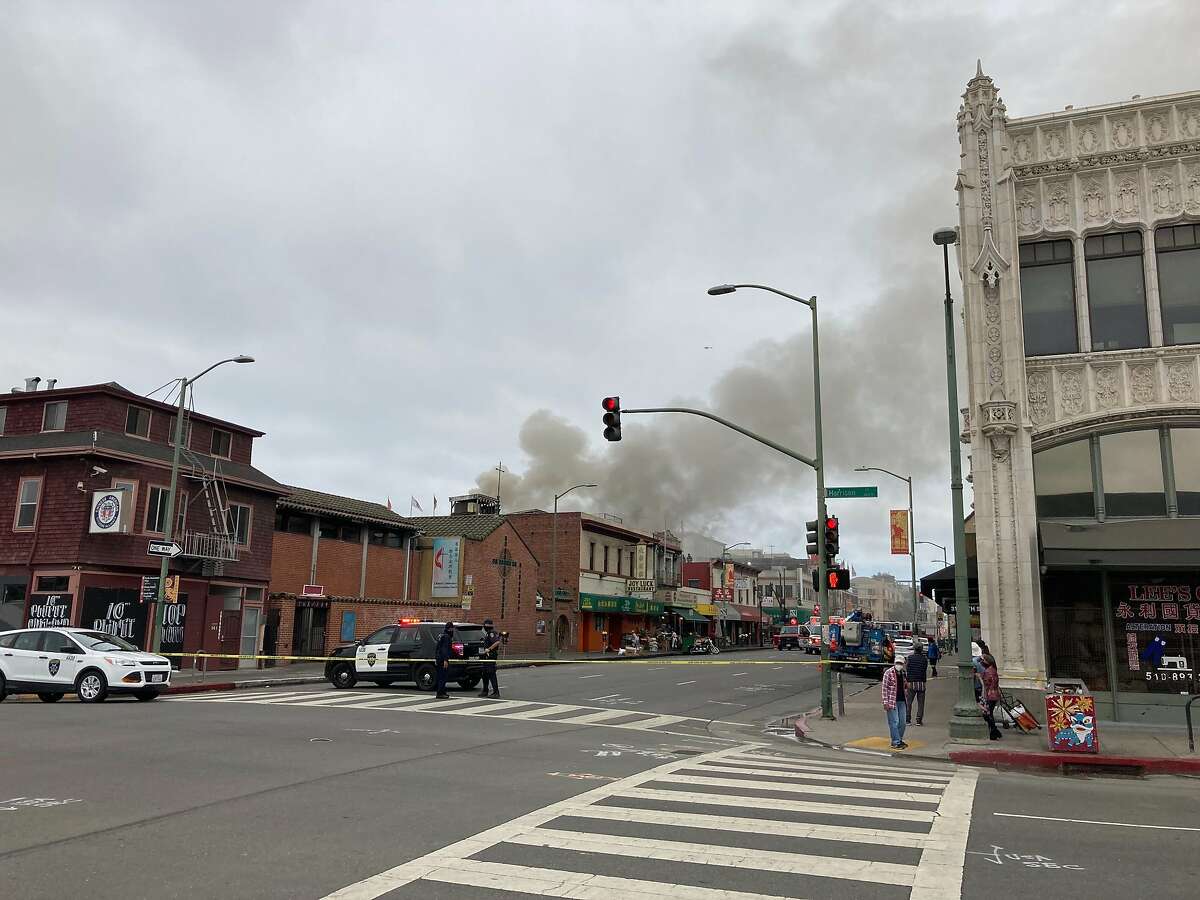 A five-alarm fire burning in Oakland's Chinatown neighborhood Sept. 16, 2020.