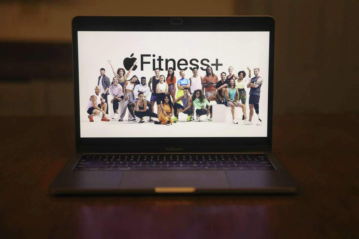 A graphic for Apple Fitness+ is displayed during a virtual product launch seen on a laptop computer in Tiskilwa, Illinois, U.S., on Tuesday, Sept. 15, 2020. Apple Inc. kicks off a broad slate of new products, with upgrades to two of its most important hardware lines beyond the iPhone. Photographer: Daniel Acker/Bloomberg