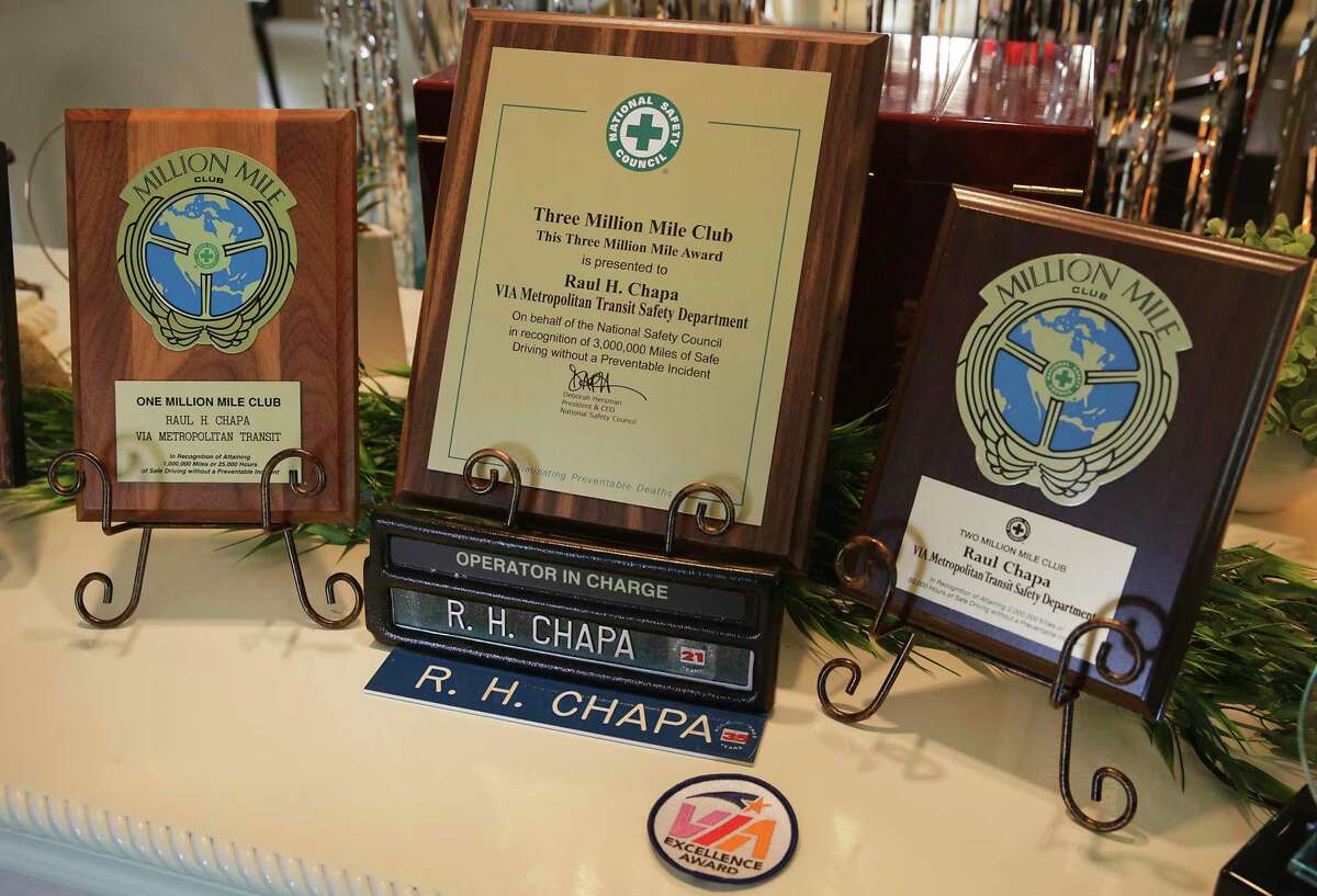 Roy Chapa, a VIA bus operator, etired after 41 years of driving the streets of San Antonio accumulating a whopping 3 million miles. These are his Million Mile Club plaques from the National Safety Council.
