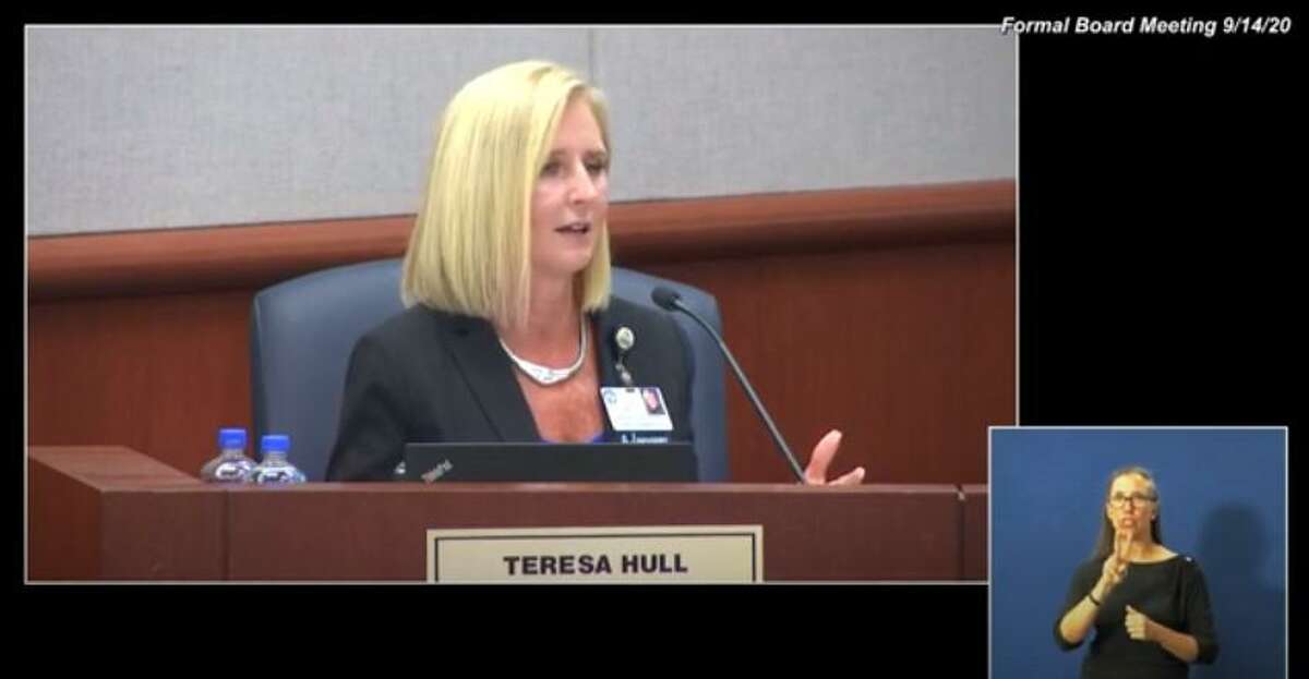 Cy-Fair ISD Chief of Staff Teresa Hull discusses the opening week of CFISD classes during the school board meeting.