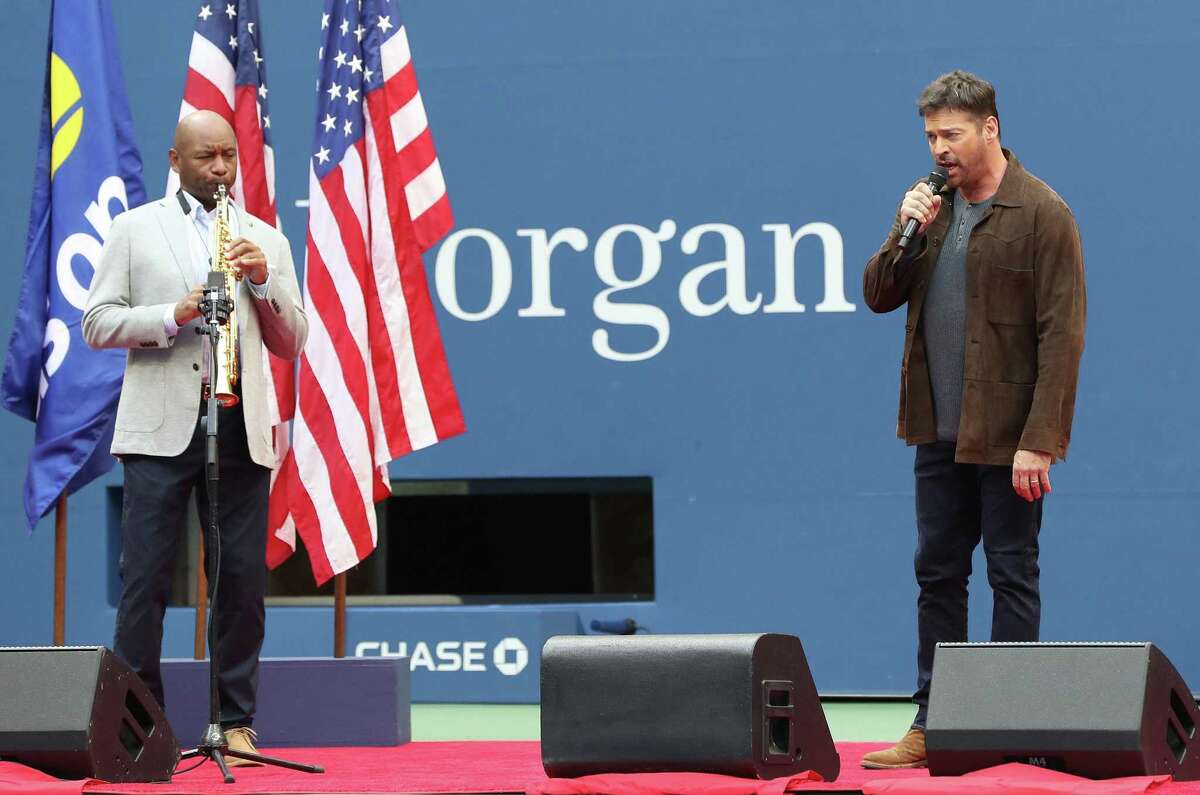 (Left to Right), Branford Marsalis, a saxophonist, and Harry Connick, Jr., a singer, New Orleans native, and New Canaan resident, perform the song titled: “America the Beautiful,” before the Men's Singles final match on Day 14 of the 2020 U.S Open Men’s Final, at the USTA Billie Jean King National Tennis Center on September 13, 2020, in the Queens borough of New York City.