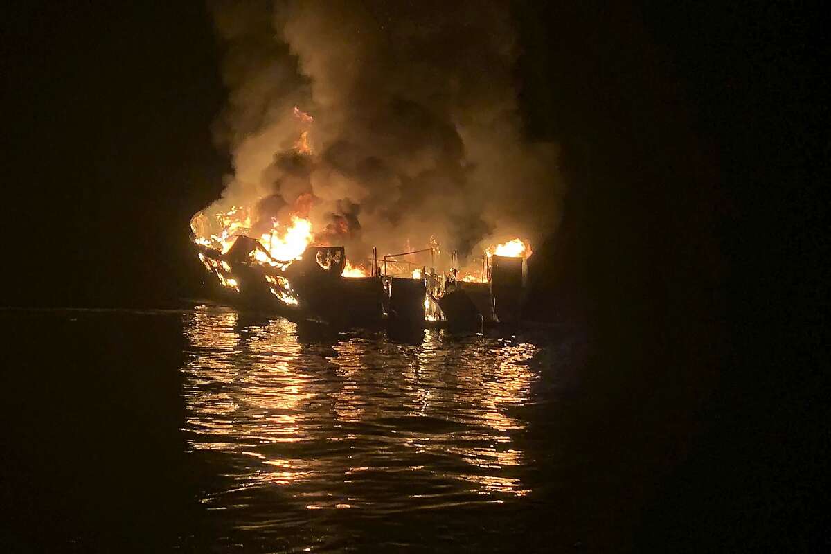 The dive boat Conception is engulfed in flames after a deadly fire broke out aboard the commercial scuba diving vessel killing 34 people in one of the state's deadliest maritime disasters, according to federal documents released Wednesday, Sept. 16, 2020. (Santa Barbara County Fire Department via AP, File)