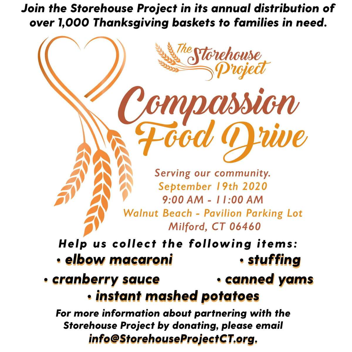 The Storehouse Project is holding a drive-thru food collection Saturday, Sept. 19, from 9-11 a.m., at the Walnut Beach Pavillion parking lot.