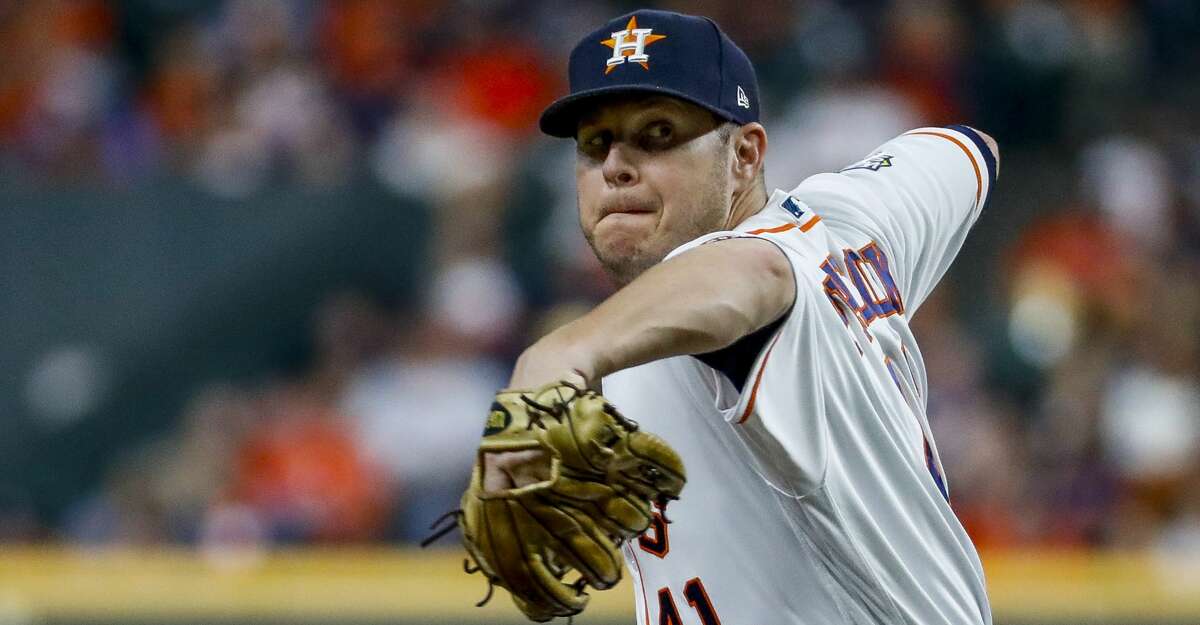 Houston Astros relief pitcher Brad Peacock (41) pitches during the sixth inning of Game 6 of the World Series at Minute Maid Park on Tuesday, Oct. 29, 2019, in Houston.