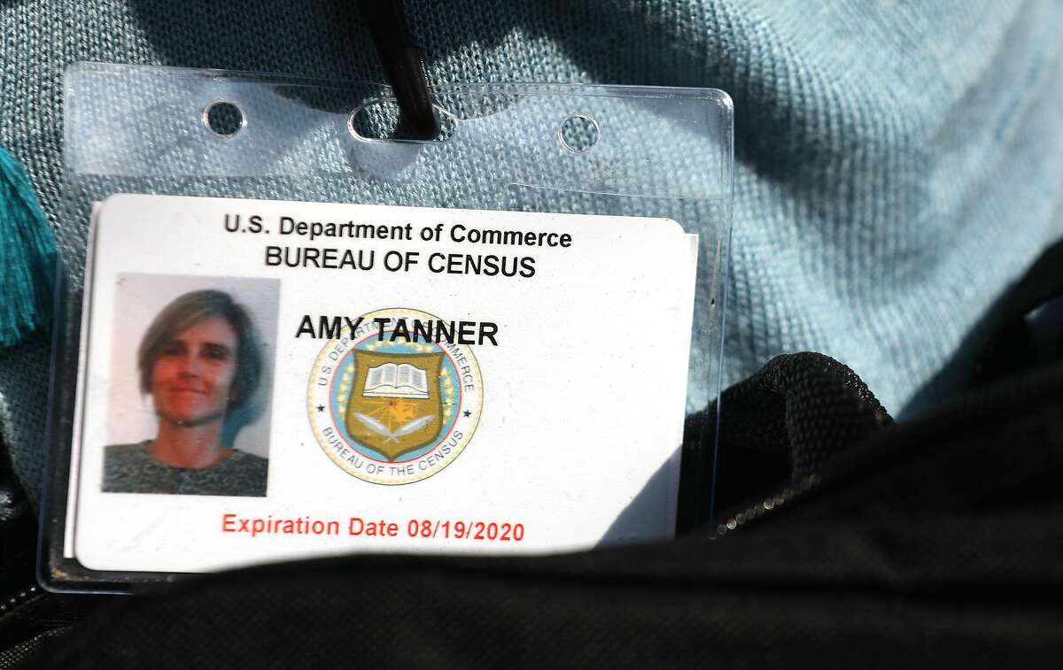Badge shown for Census enumerator Amy Tanner on Thursday, Sept. 17, 2020, in San Francisco, Calif.