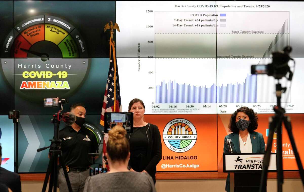 Harris County Judge Lina Hidalgo speaks during media conference to announce the COVID-19 threat level is at the worst level of red, which is severe, shown at Houston TranStar, 6922 Katy Rd., Friday, June 26, 2020, in Houston.