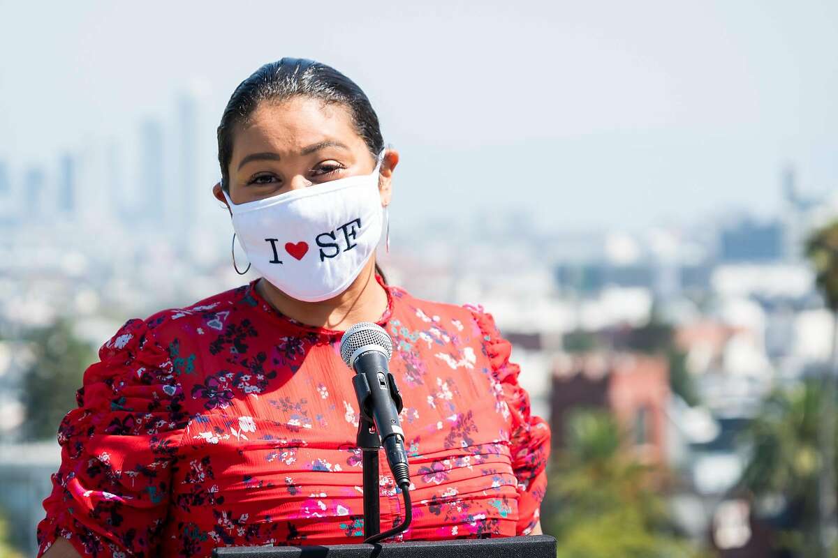 San Francisco Mayor London Breed speaks at a press conference at Dolores Park on Sept. 4, 2020.