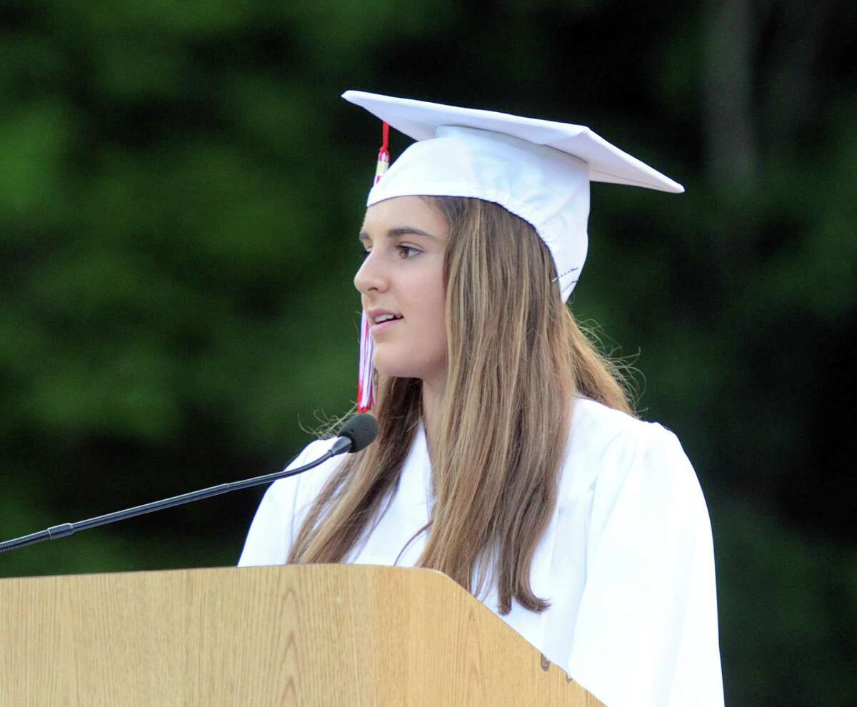 Valedictorian Emily Berzolla speaks during her Greenwich High School commencement ceremony at the school in Greenwich in 2016. Berzolla, a recent MIT graduate, is one of 30 candidates up for the NCAA Woman of the Year award.