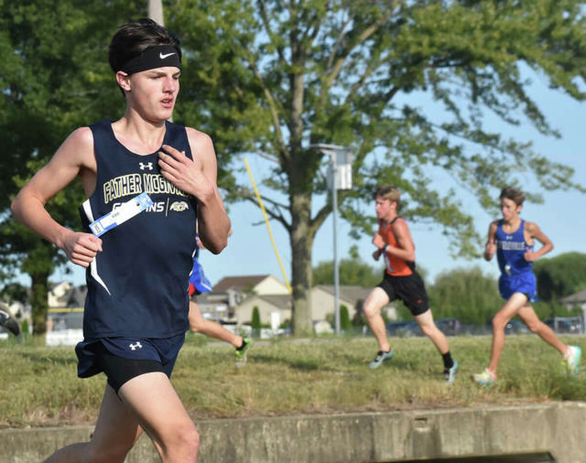Father McGivney’s Tanner Fox nears the one-mile mark of the Mascoutah Invitational.