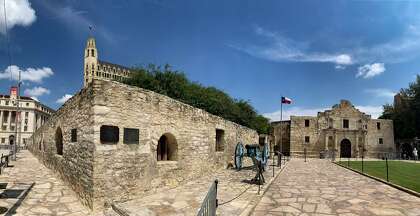 The Long Barrack, left, is seen on the Alamo grounds in this panoramic photo. The barrack was the site of intense fighting during the 1836 Battle of the Alamo.