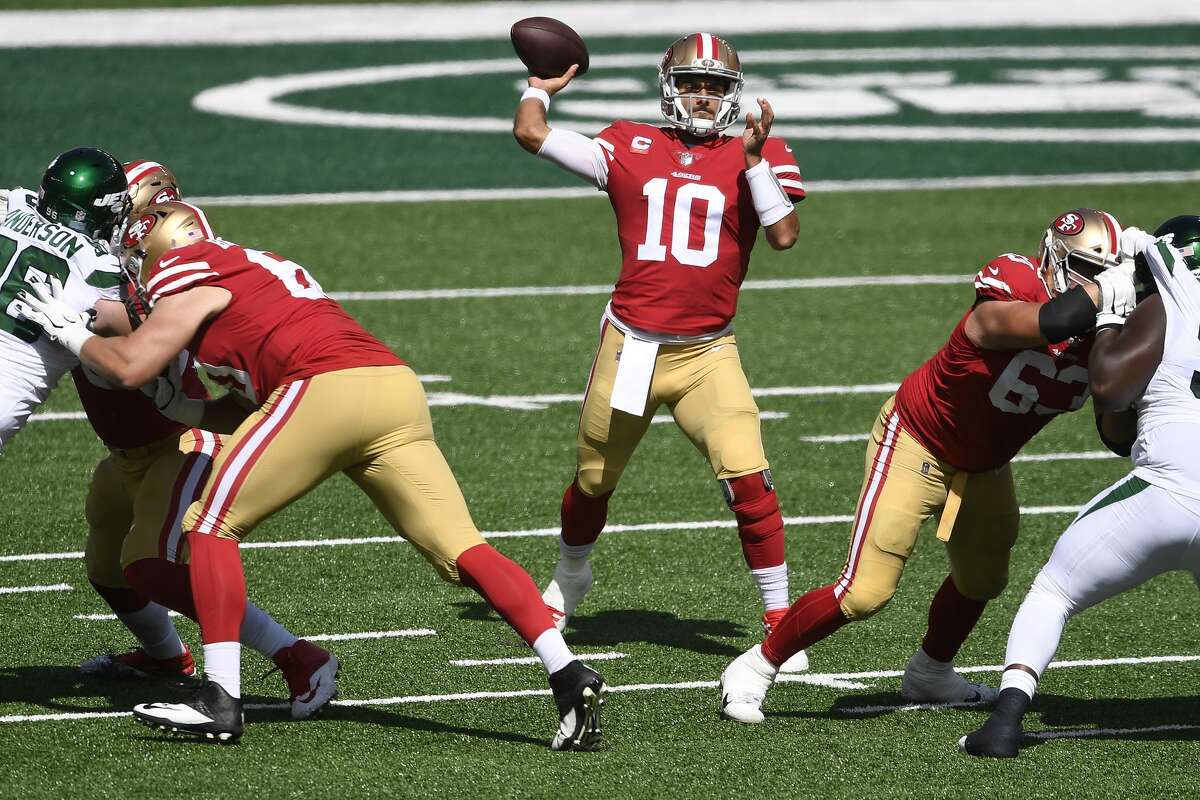 Jimmy Garoppolo #10 of the San Francisco 49ers looks to pass during the first half against the New York Jets at MetLife Stadium on September 20, 2020 in East Rutherford, New Jersey. (Photo by Sarah Stier/Getty Images)