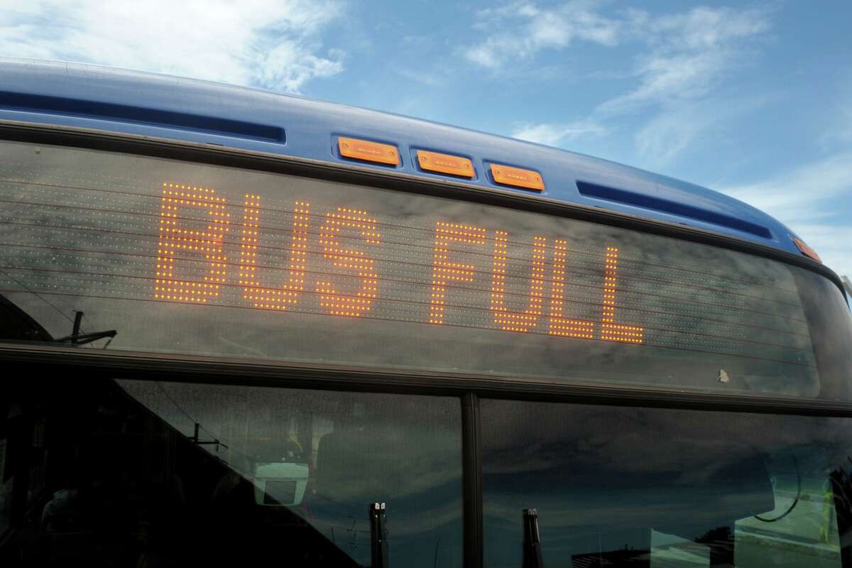 Signage on a Greater Bridgeport Transit (GBT) bus, in Bridgeport, Conn. Sept. 2, 2020.