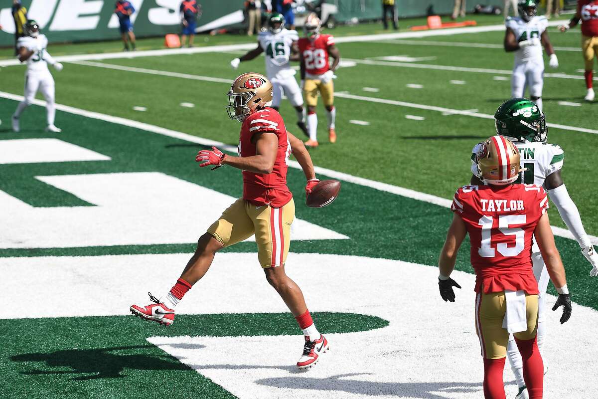 EAST RUTHERFORD, NEW JERSEY - SEPTEMBER 20: Jordan Reed #81 of the San Francisco 49ers reacts after scoring a touchdown during the first half against the New York Jets at MetLife Stadium on September 20, 2020 in East Rutherford, New Jersey. (Photo by Sarah Stier/Getty Images)