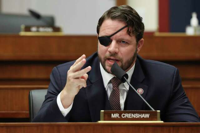 Rep. Dan Crenshaw, R-Texas, questions witnesses during a House Committee on Homeland Security hearing on 'worldwide threats to the homeland', Thursday, Sept. 17, 2020 on Capitol Hill Washington. (Chip Somodevilla/Pool via AP)