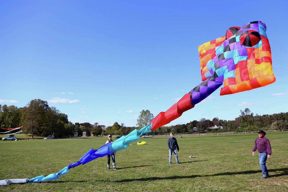 A 50-foot manta ray kite takes to the sky at the ShoreFest on a Roll event at Sherwood Island State Park on Sunday, Sept. 20, 2020, in Westport, Conn.