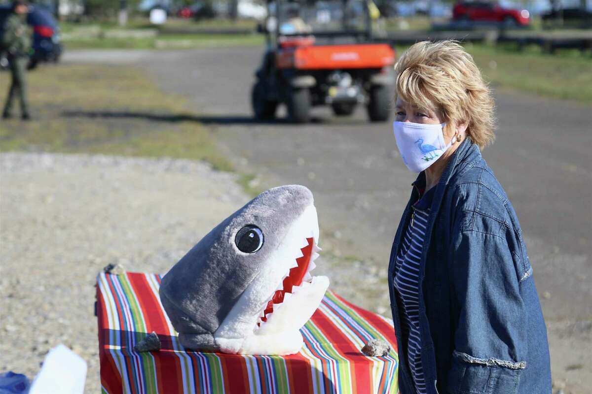 Event co-chair Cece Saunders at the ShoreFest on a Roll event at Sherwood Island State Park on Sunday, Sept. 20, 2020, in Westport, Conn. To augment the experience, Axthelm also created a podcast that enabled those taking part to hear details about all that was happening as they drove the large circuit around the park. Ironically, Saunders said, since the spring shutdown closed Westport's beaches this spring, more local people than ever started come to Sherwood Island and discovered its extensive features and environment. "So we thought we would glory in all of the things here at Sherwood," she said. "I'm glad to see people are outside," said board member Peter O'Gorman of Norwalk, who flew a 50-foot manta ray kite - among others - during the event. "As long as people practice social distancing, I don't see any reason this can't be held and be a success."