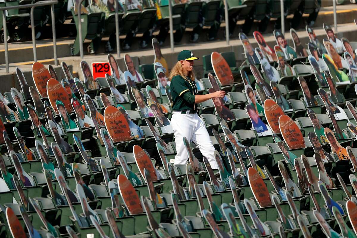 Oakland Athletics' Jordan Weems walks in the stands during 5-3 loss to San Diego Padres in MLB game at Oakland Coliseum in Oakland, Calif., on Sunday, September 6, 2020.