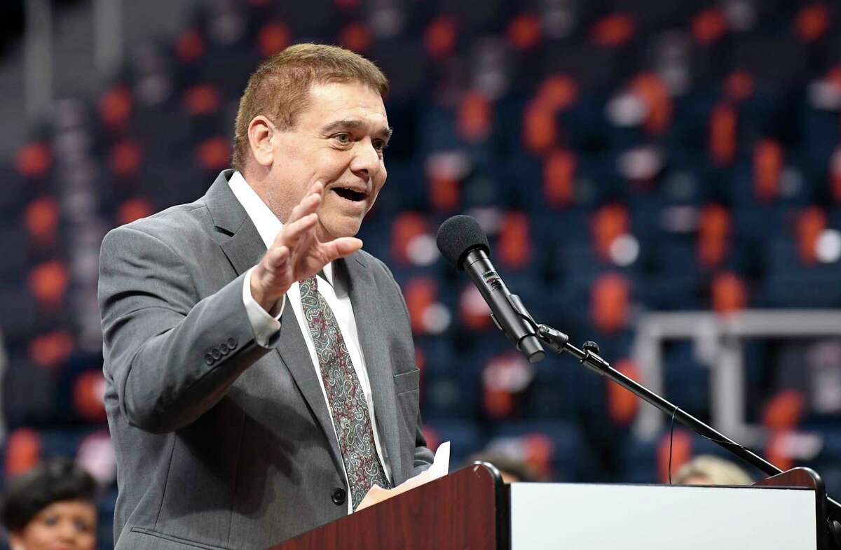 Arena Football League Assistant Coach of the Year Albany Empire's Les Moss speaks during the Arena Football League 2019 award ceremony at the Times Union Center, Saturday, Aug. 10, 2019, in Albany, N.Y. (Hans Pennink / Special to the Times Union)