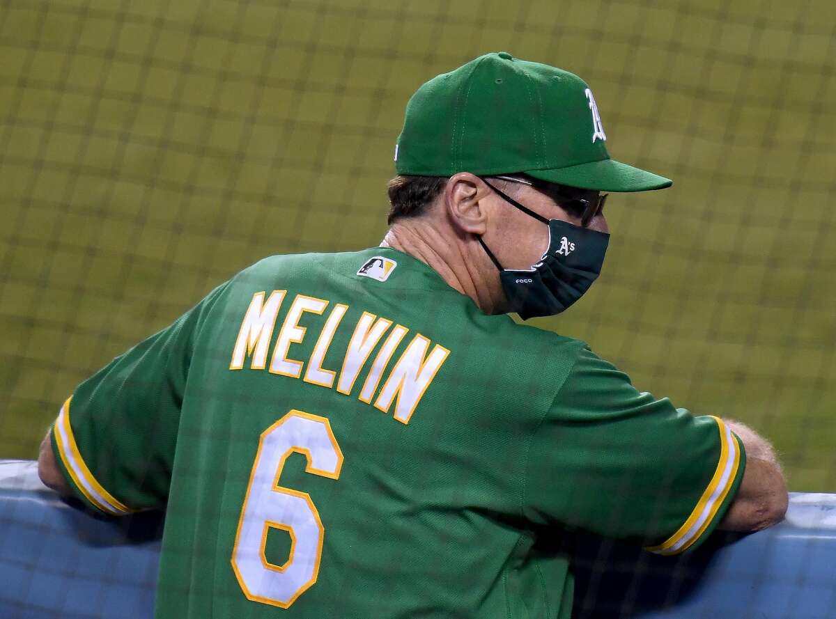 LOS ANGELES, CALIFORNIA - SEPTEMBER 22: Manager Bob Melvin #6 of the Oakland Athletics waits for a video review during the sixth inning against the Los Angeles Dodgers at Dodger Stadium on September 22, 2020 in Los Angeles, California. (Photo by Harry How/Getty Images)