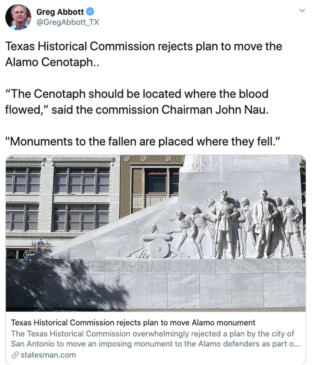 Social media reacted to the news the Alamo Cenotaph will be staying put.