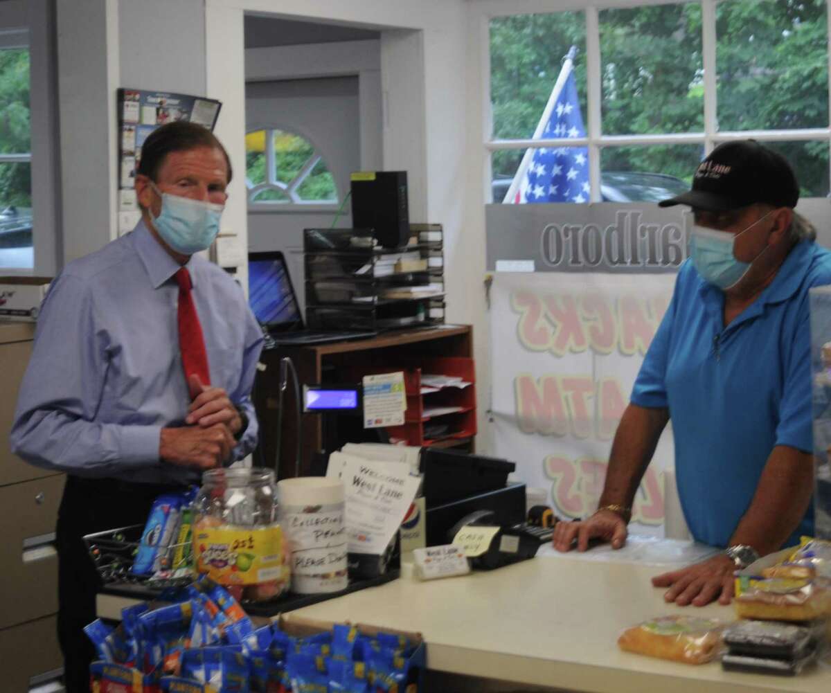 Sen. Richard Blumenthal visited the West Lane Pizza and Deli the last time he was in Ridgefield on Aug. 12 to see damage from Storm Isaias.