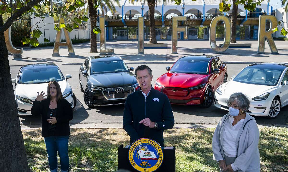 Gov. Gavin Newsom announces his order to ban sales of new gas-powered cars by 2035 at Cal Expo in Sacramento.