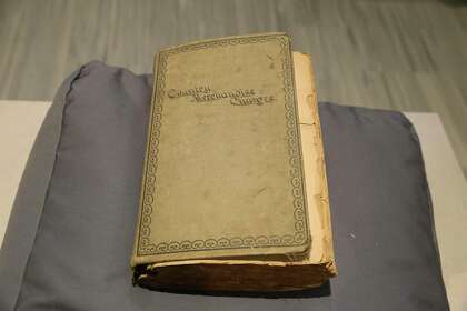 A ledger converted into a scrapbook for newspaper stories from 1918 is in the collection of the Witte Museum.