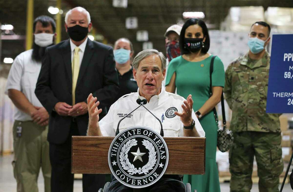 Texas Gov. Greg Abbott gives remarks in San Antonio at a Texas Division of Emergency Management warehouse stocked with protective equipment on Aug. 4. Also on the tour were State Representatives Steve Allison (second from left), Ina Minjarez (second from right) and Barbara Gervin-Hawkins (not pictured).
