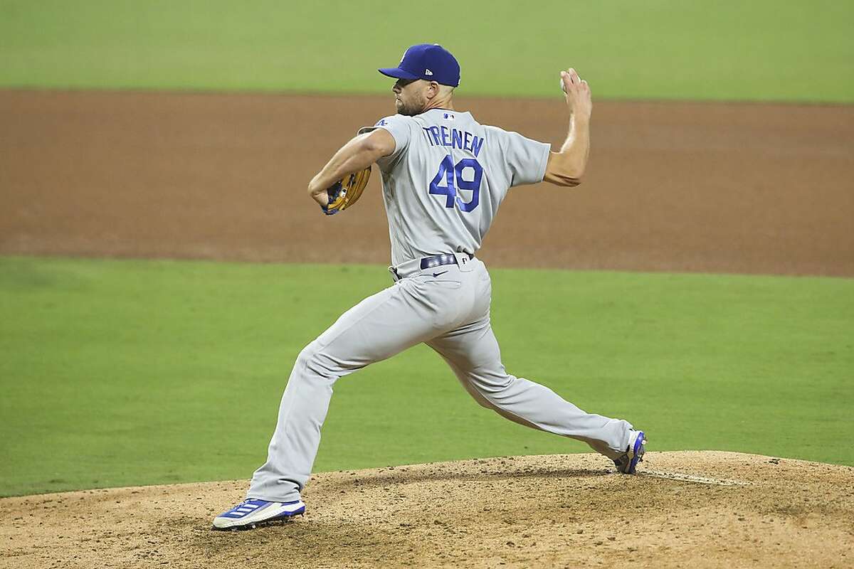 Los Angeles Dodgers relief pitcher Blake Treinen delivers a pitch agains the San Diego Padres in a baseball game Tuesday, Sept. 15, 2020, in San Diego. (AP Photo/Derrick Tuskan)
