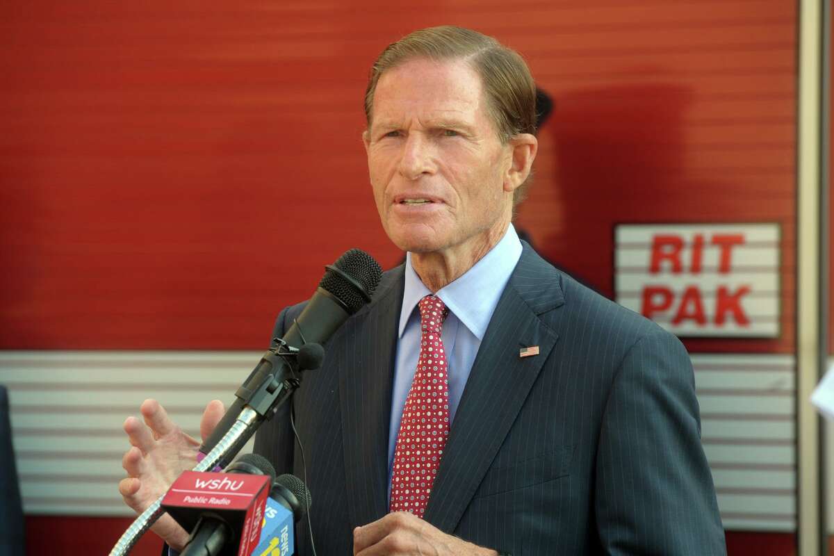 U.S. Sen. Richard Blumenthal speaks during the 9/11 remembrance ceremony at Fire Headquarters, in Bridgeport, Conn. Sept. 11, 2020.