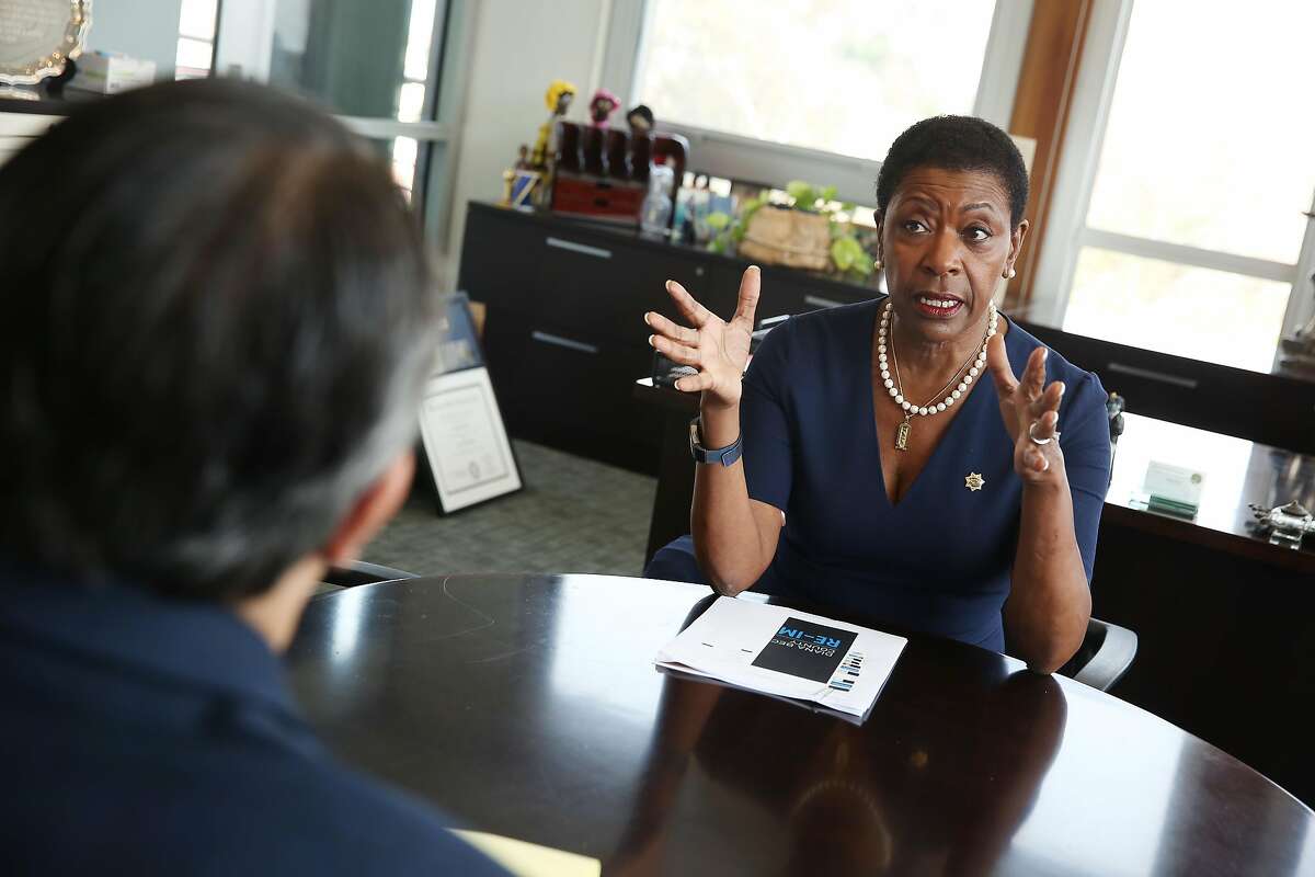 District Attorney Diana Becton (right) talks with Scott Alonso (left), public information officer for the Office of the District Attorney, in her offifce on Friday, August 28, 2020 in Martinez, Calif. Becton said Thursday she will no longer charge people arrested for possessing small amounts of drugs, a policy intended to unclog the courts and steer more people out of the criminal justice system.