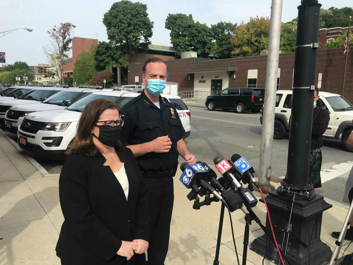Rensselaer County District Attorney Mary Pat Donnelly and Troy Police Chief Brian Owens at press conference Thursday Sept. 24, 2020 outside Troy police station for arrest in the homicide of 11-year-old Ayshawn Davis