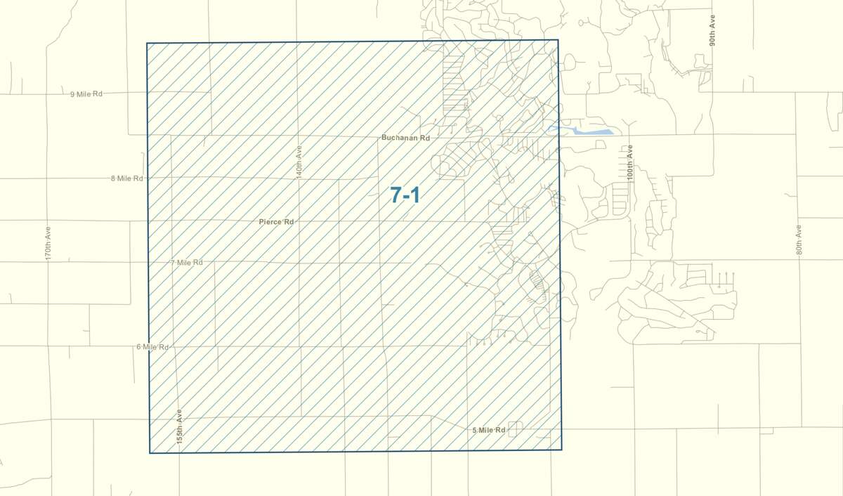 This image, provided by the Michigan Department of Health and Human Services, shows the zone in Mecosta County to receive aerial treatment to combat EEE.