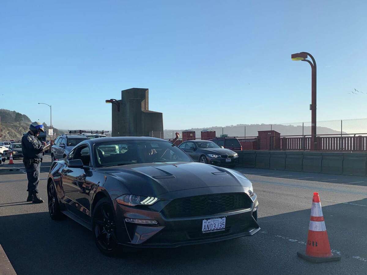 The driver of a Mustang tried slowing northbound traffic on the Golden Gate Bridge but was pulled over by California Highway Patrol, causing a slowdown as other drivers rubbernecked.