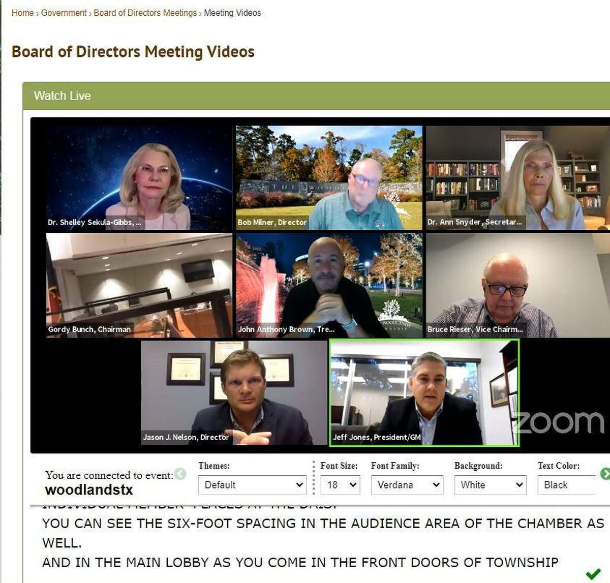 In this screenshot from the Sept. 23 meeting of The Woodlands Township Board of Directors, a small look at the new COVID-19 safety panels in the board meeting room are seen in the micro-window for board Chairman Gordy Bunch, at bottom left of screen. The board will resume in-person meetings on Oct. 22.