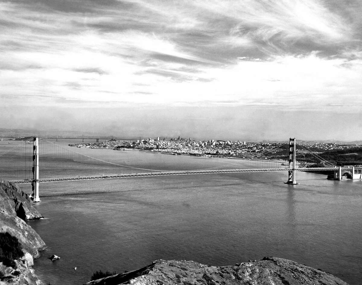 A view of the Golden Gate Bridge with San Francisco behind it in January 1947.