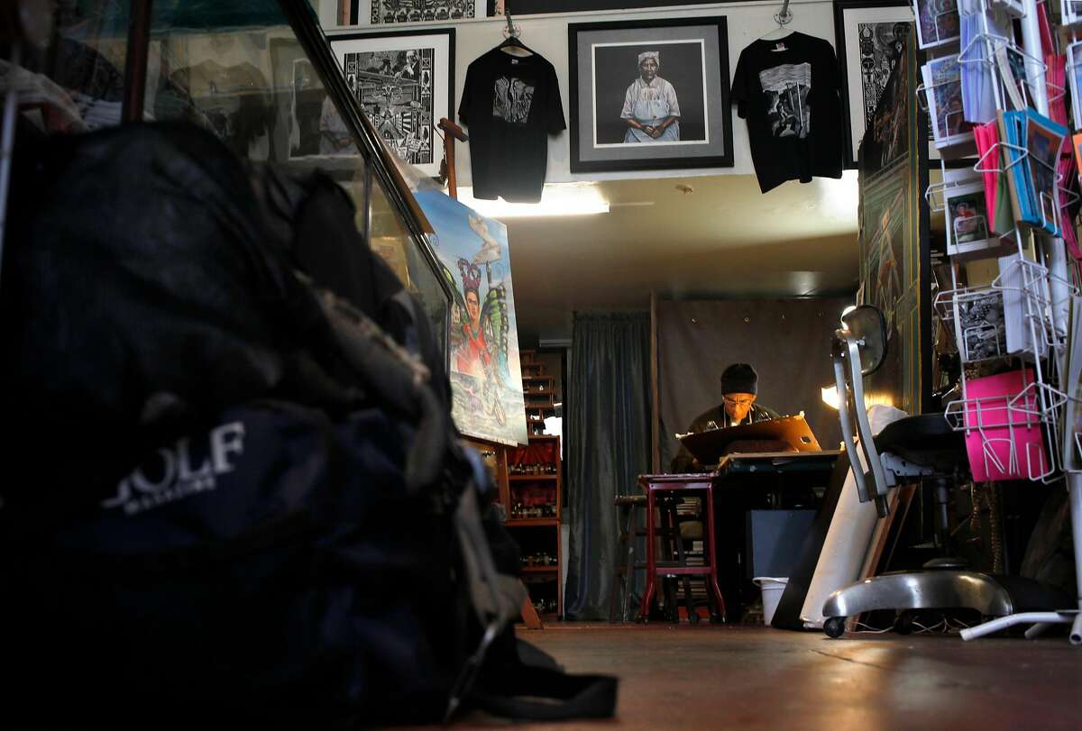 Ronnie Goodman works on his artwork at The Gallery in the Lower Haight, Thursday April 17, 2014, in San Francisco, Calif. Ronnie is homeless and is a serious runner training for marathons. He uses his running passion to keep himself focused and moving forward into stability and housing.