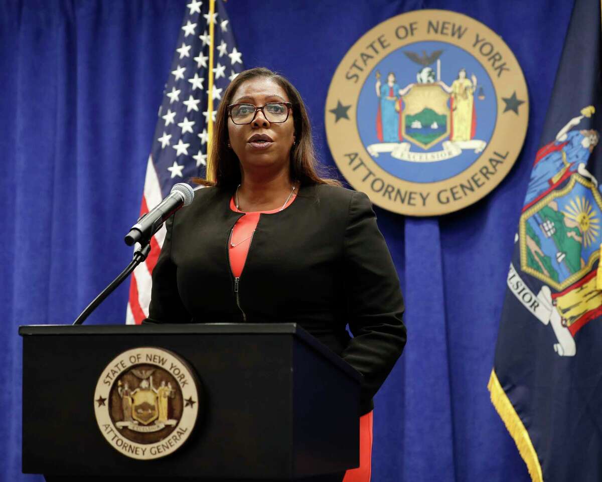 FILE- In this Aug. 6, 2020 file photo, New York State Attorney General Letitia James addresses the media during a news conference in New York. On Friday, Sept. 25, 2020, James recommended the New York Police Department get out of the business of routine traffic enforcement, a radical change that she said would prevent encounters like one the year before in the Bronx borough of New York that escalated quickly and ended with an officer fatally shooting a motorist. (AP Photo/Kathy Willens, File)