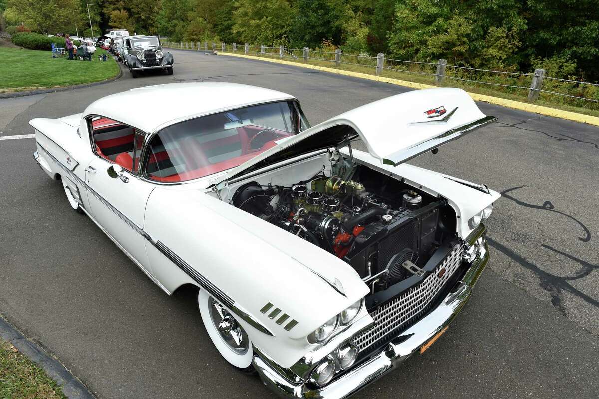 A 1958 Chevrolet Impala on display at a classic car show at Evergreen Woods in Branford on September 26, 2020.