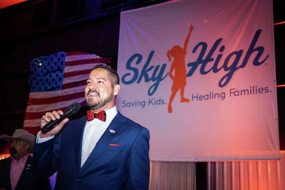 Event Chairman Michael Arispe speaks during the Sky High for Kids Permian Basin Banquet benefitting pediatric cancer research and family comfort programs September 18, 2020 at Odessa-Schlemeyer Field. The fourth annual banquet and sporting clay tournament raised $530,000. MANDATORY CREDIT: The Oilfield Photographer, Inc.