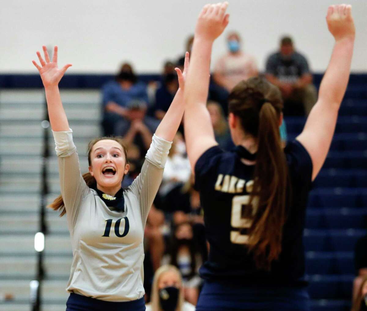 Lake Creek setter Lauren Greene (10) reacts after a point during the first set of a non-district high school volleyball match at Lake Creek High School, Tuesday, Sept. 15, 2020, in Montgomery.