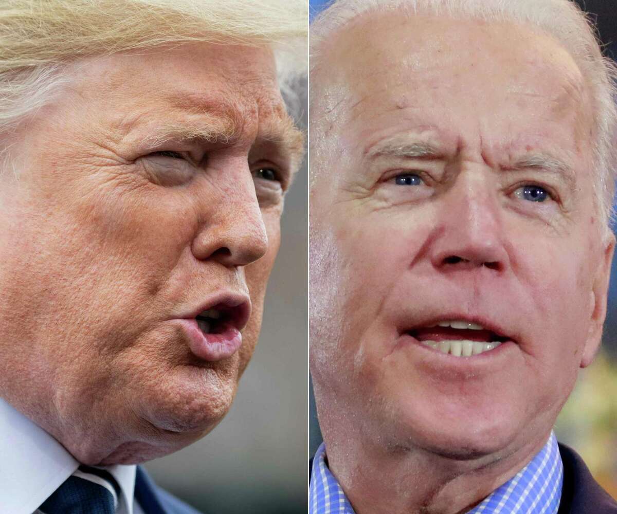 (COMBO) This combination of file photos created on March 4, 2020 shows US President Donald Trump (L) in Washington, DC, on March 3, 2020; and Democratic presidential hopeful Joe Biden Las Vegas on February 22, 2020.. - Biden said he expects "personal attacks and lies" from Trump in their first televised debate on September 29, comparing the Republican president to Nazi propaganda chief Joseph Goebbels. "It is going to be difficult," the former vice president acknowledged in an interview broadcast on September 26, 2020 on MSNBC. "He's sort of like Goebbels," Biden said. "You say the lie long enough, keep repeating it, repeating it, repeating it, it becomes common knowledge." (Photos by SAUL LOEB and Ronda Churchill / AFP) (Photo by SAUL LOEB,RONDA CHURCHILL/AFP via Getty Images)