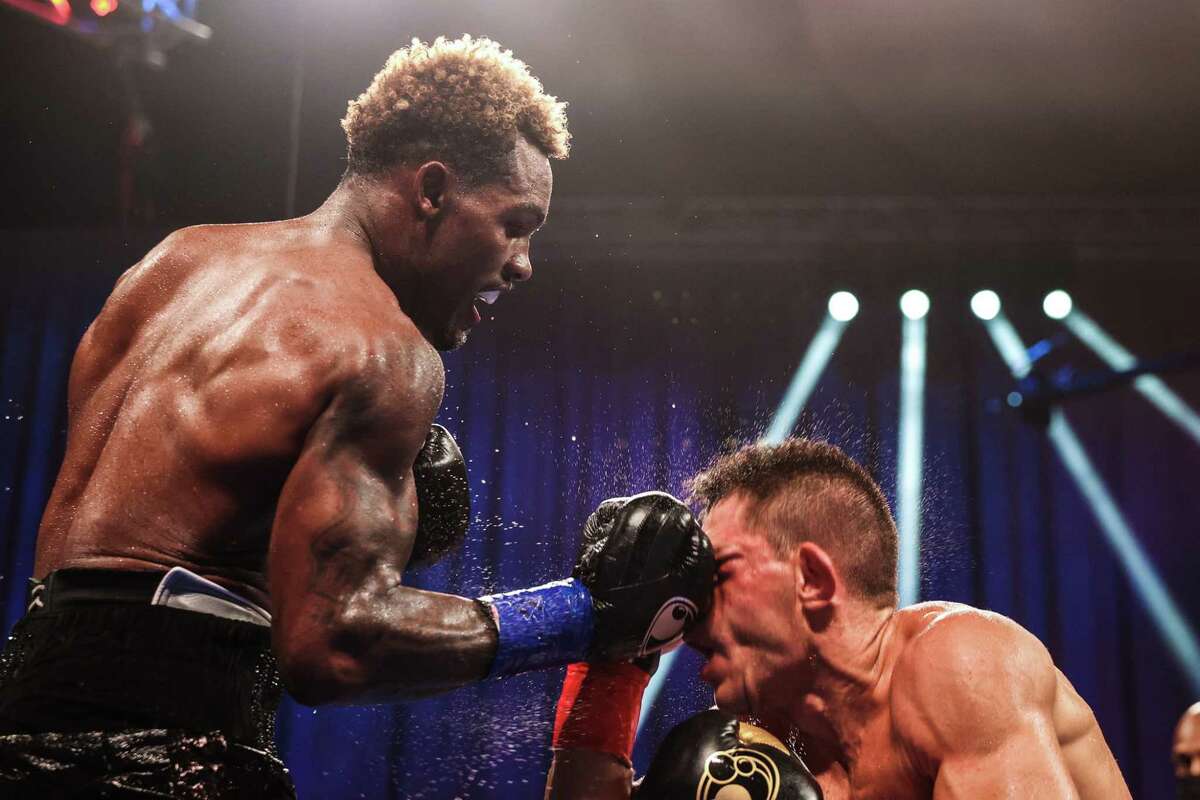 Jermall Charlo lands a big uppercut on Sergiy Derevyanchenko in their WBC middleweight fight on Saturday, Sept. 26, 2020 at Mohegan Sun Arena in Uncasville, Conn.