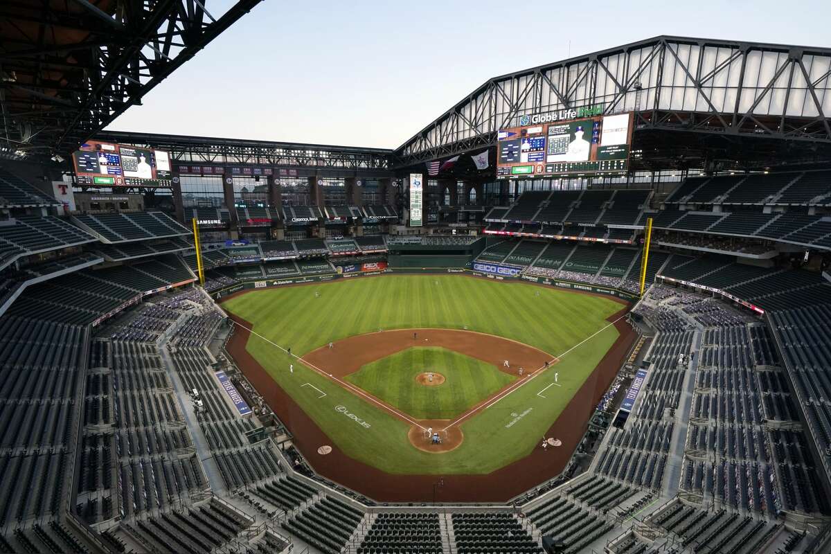 The Houston Astros play against the Texas Rangers in the fourth inning of a baseball game at Globe Life Field in Arlington, Texas, Saturday, Sept. 26, 2020. (AP Photo/Tony Gutierrez)