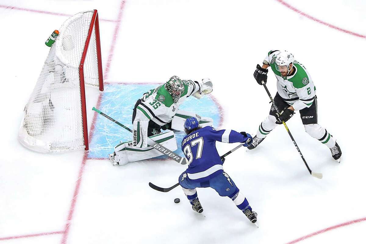 EDMONTON, ALBERTA - SEPTEMBER 26: Anton Khudobin #35 of the Dallas Stars makes the save against Yanni Gourde #37 of the Tampa Bay Lightning during the first period in Game Five of the 2020 NHL Stanley Cup Final at Rogers Place on September 26, 2020 in Edmonton, Alberta, Canada. (Photo by Bruce Bennett/Getty Images)