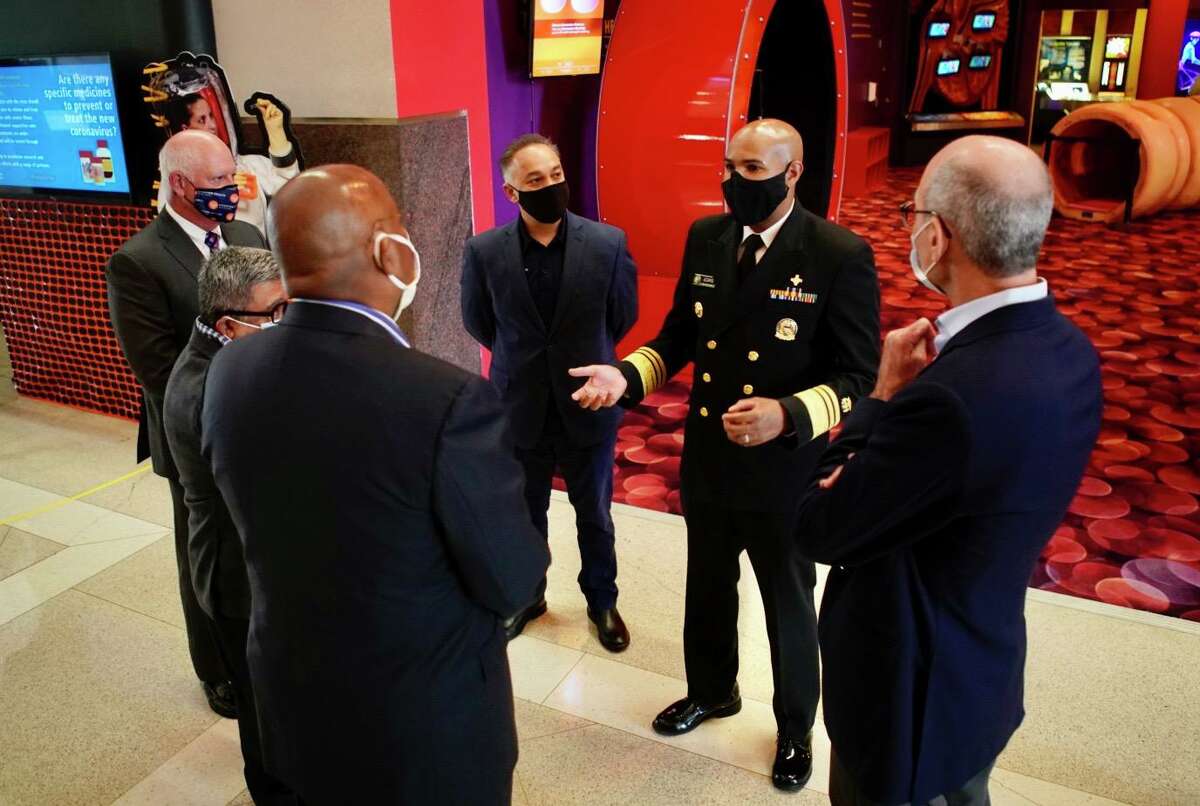 U.S. Surgeon General Jerome Adams speaks with local political and health officials at The Health Museum on Sunday, Sept. 26, 2020, in Houston.