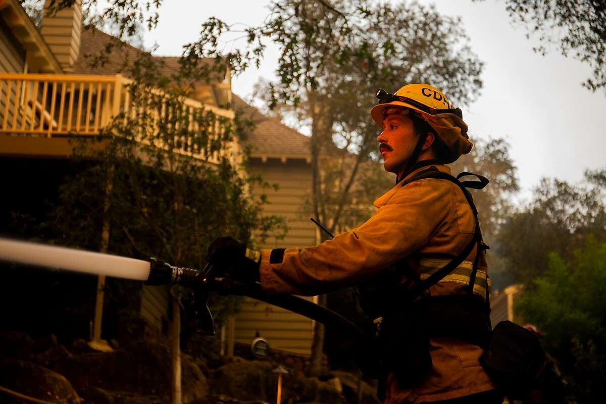 Josiah Maier, a firefighter with Cathedral City Fire, worked his second night on the Glass Fire Monday. He was based at the Meadowood Napa Valley resort for the evening.