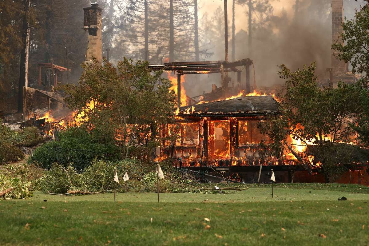 The main building and restaurant at Meadowood Napa Valley luxury resort burns after the Glass Incident Fire moved through the area on September 28, 2020 in St. Helena, California. The fast-moving Glass Incident, originally called the Glass Fire, has burned over 11,000 acres in Sonoma and Napa counties. The fire is zero percent contained. Much of Northern California is under a red flag warning for high fire danger through Monday evening.