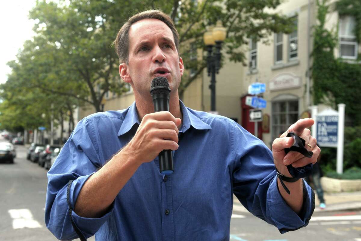 U.S. Rep. Jim Himes speaks during a rally in front of the Broad Street Steps, in Bridgeport, Conn. Sept. 3, 2020.